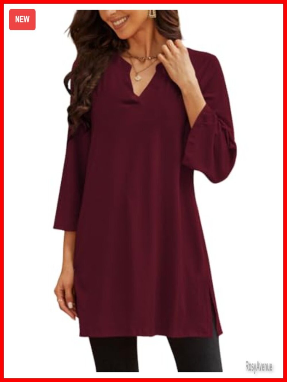Womens 3/4 Sleeve Tunic Top Dressy Casual Loose Fit V-Neck Pullover